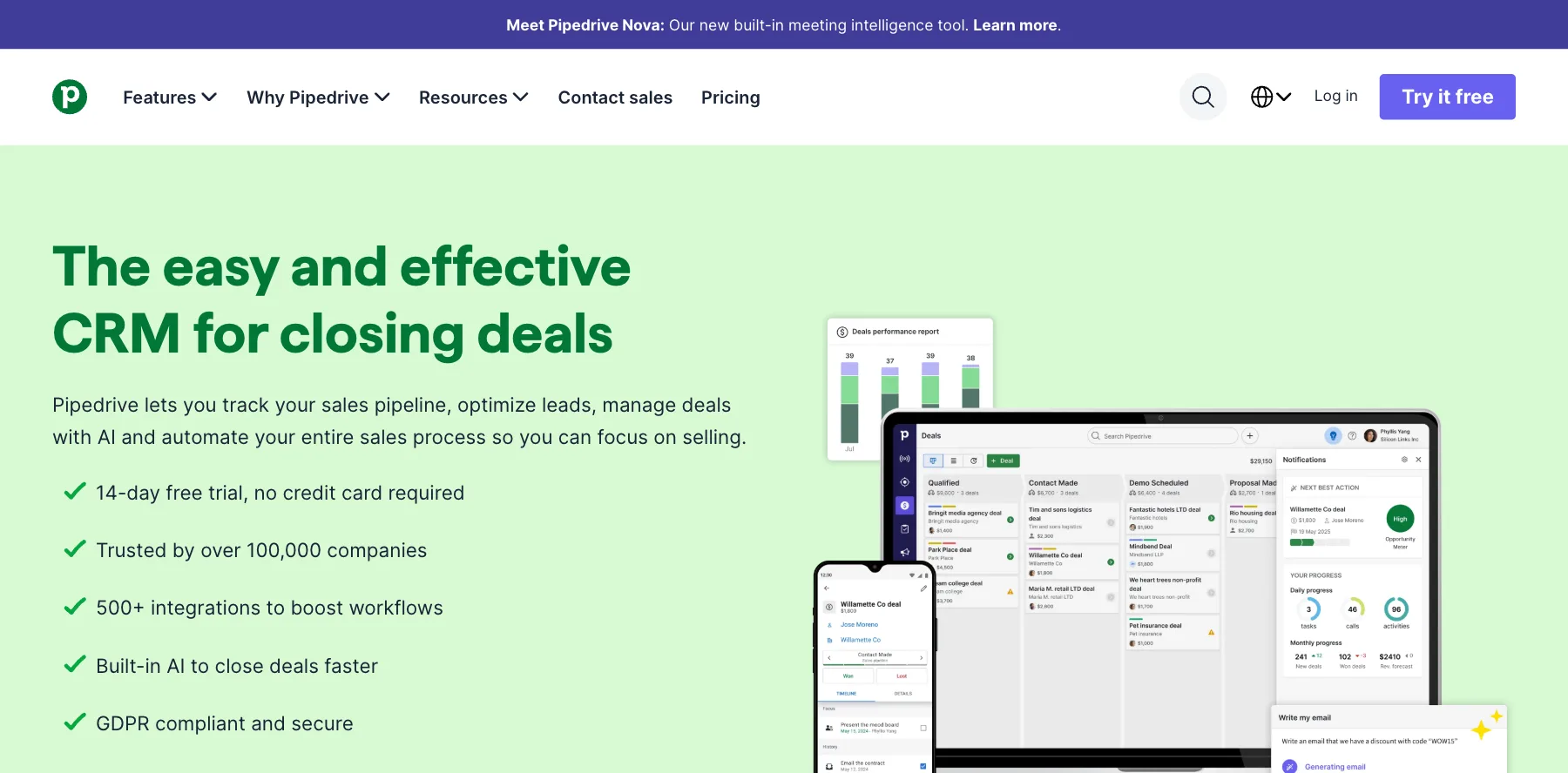 Pipedrive's home page: the easy and effective CRM for closing deals
