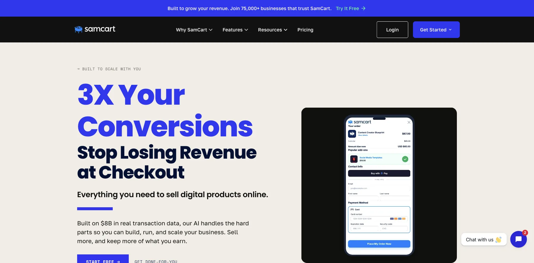 SamCart's home page: stop losing revenue at checkout