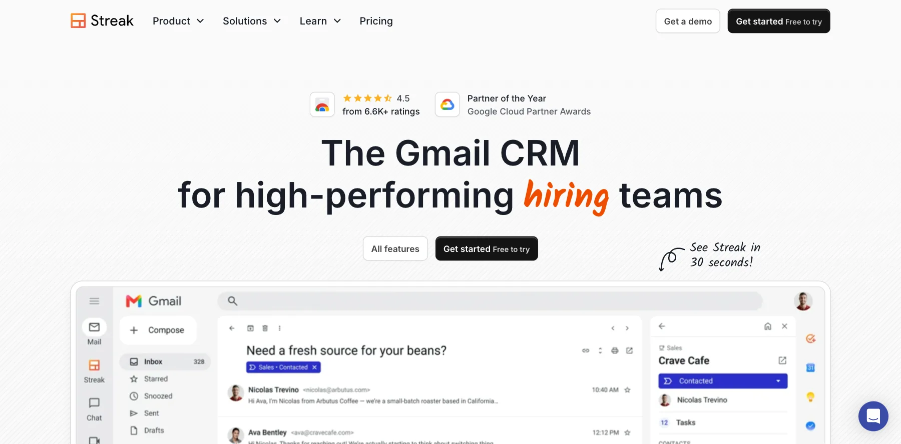 Streak's home page: the Gmail CRM for high-performing teams