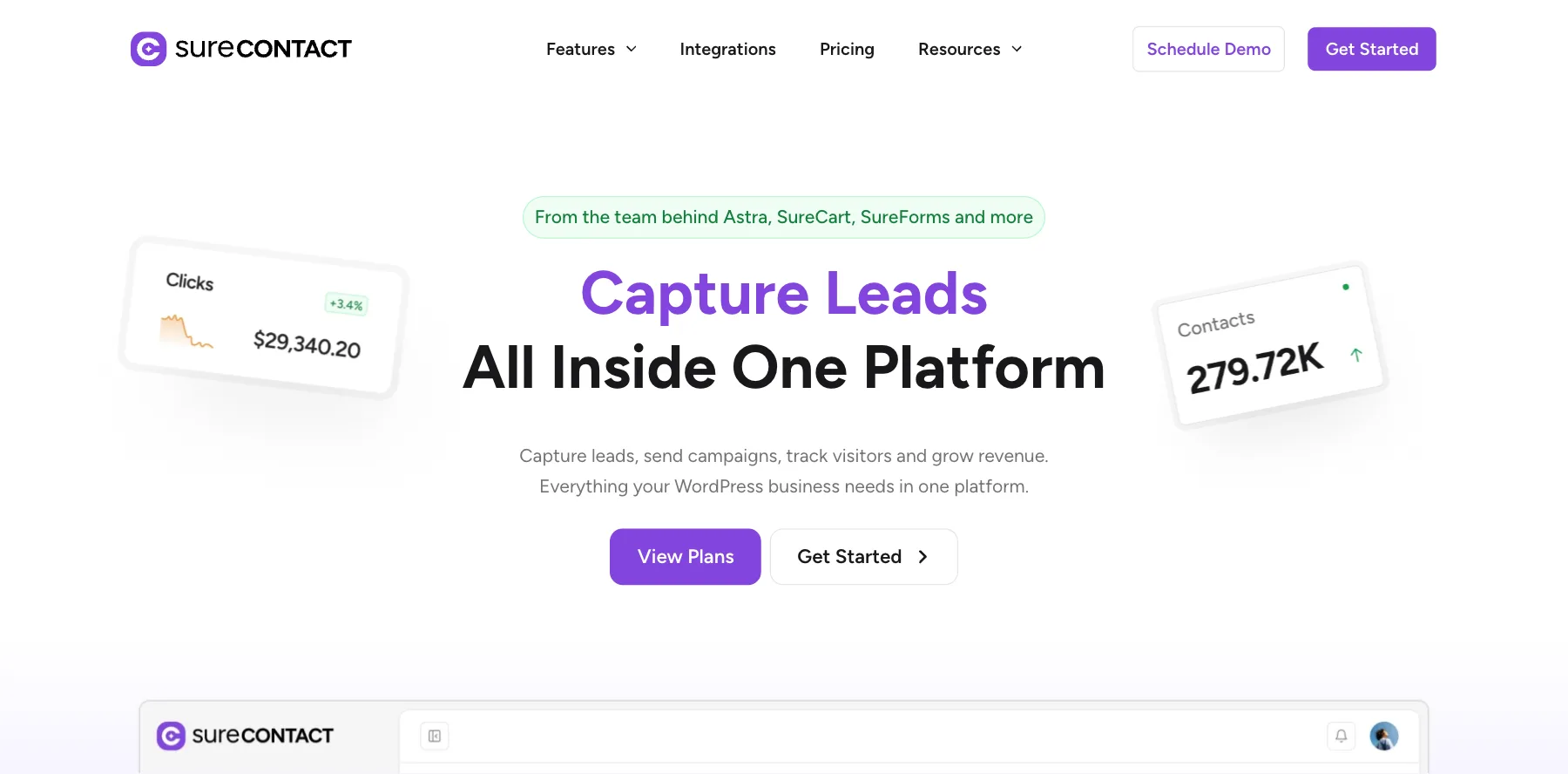 SureContact's home page: capture leads all inside one platform