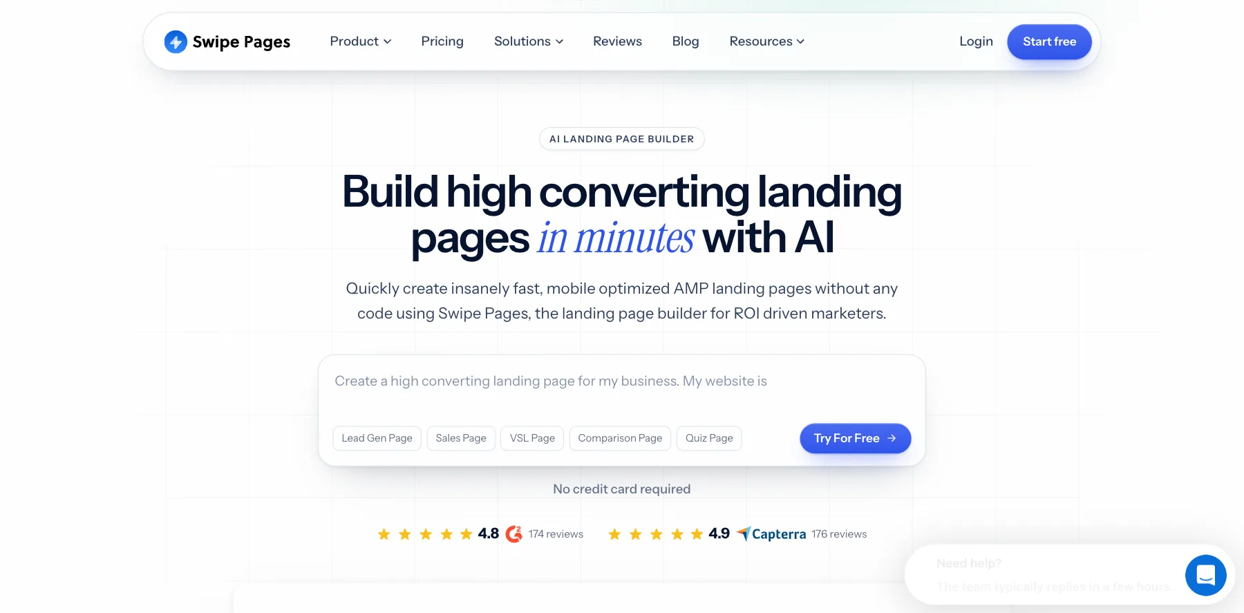 Swipe Pages' home page: build high-converting landing pages in minutes with AI