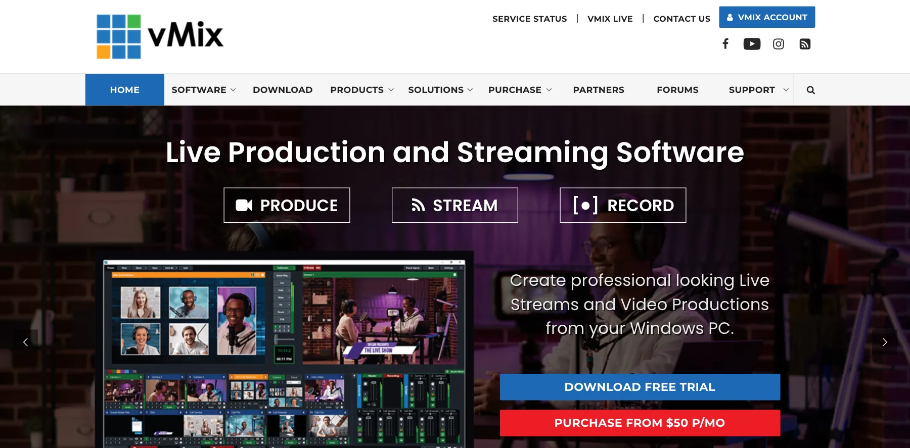 vMix's home page: live production and streaming software