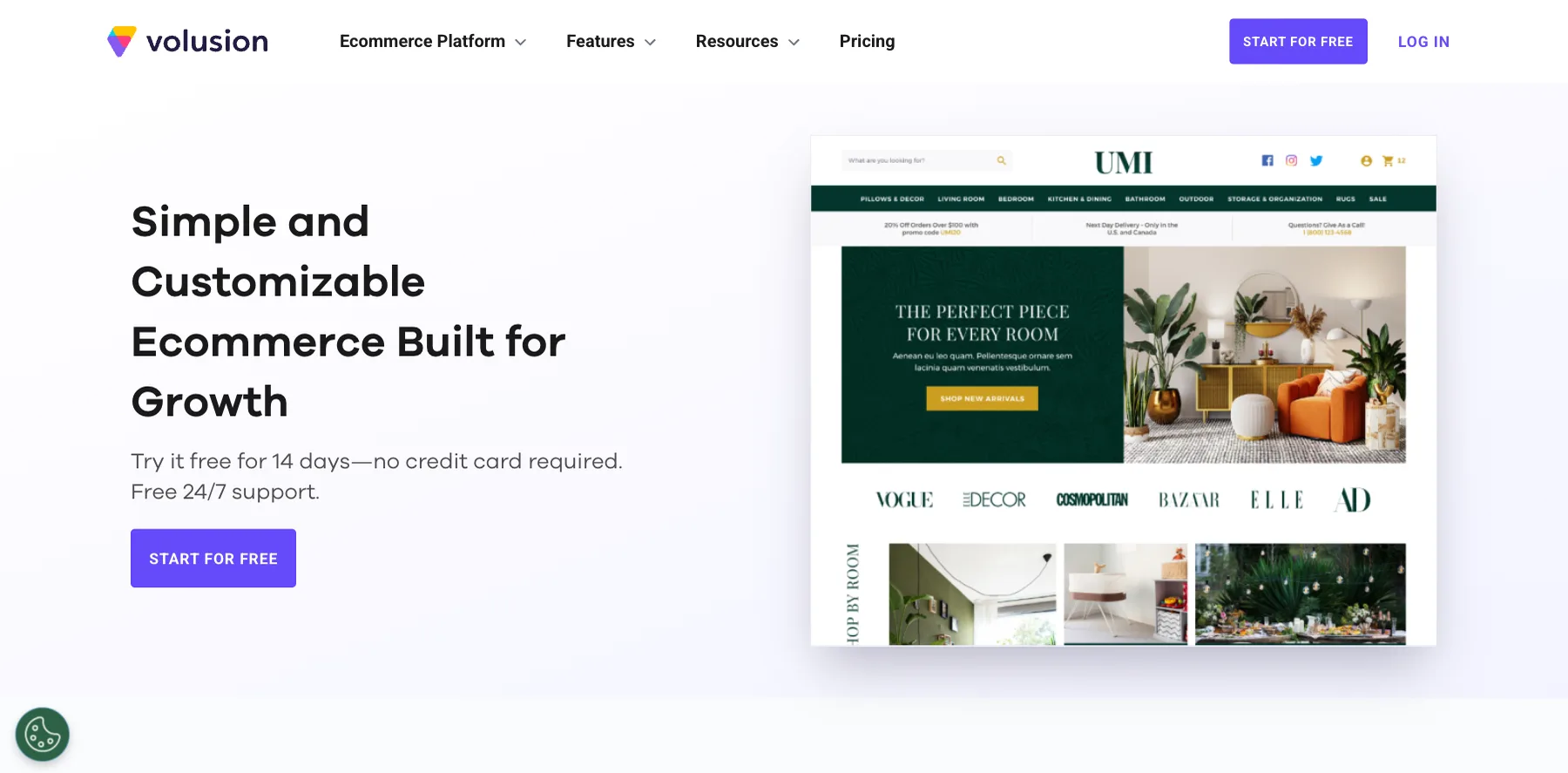 Volusion's home page: simple and customizable ecommerce built for growth
