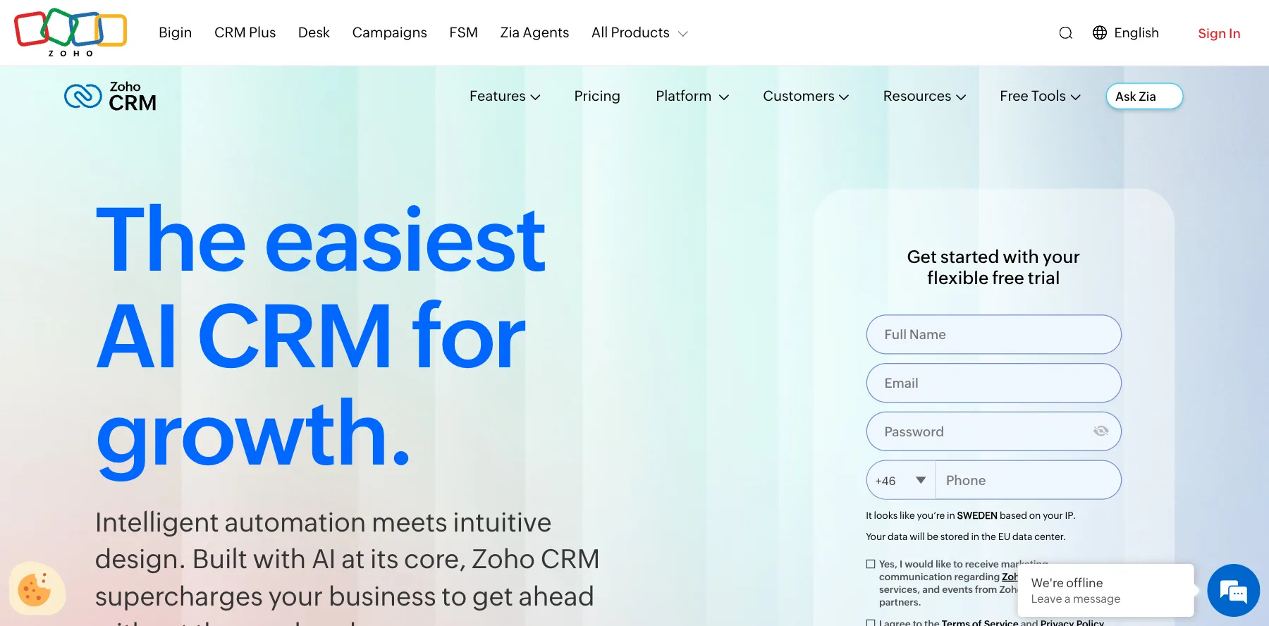 Zoho CRM's page: the easiest AI CRM for growth