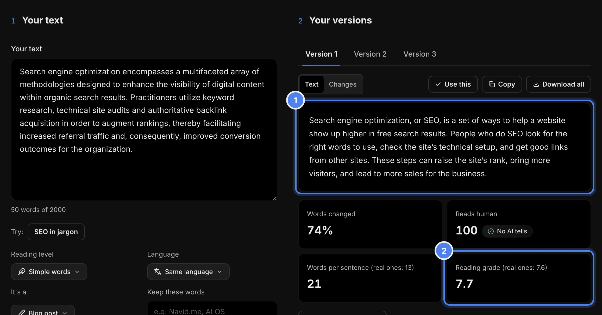 The SEO paragraph and one of its plain versions (1), at reading grade 7.7 next to real blog posts' 7.6 (2)