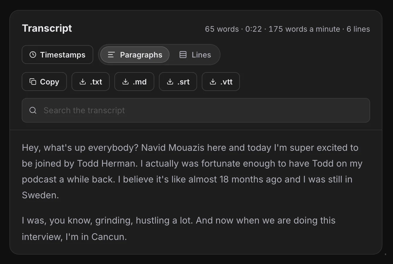 My free speech to text tool turning a podcast intro into text