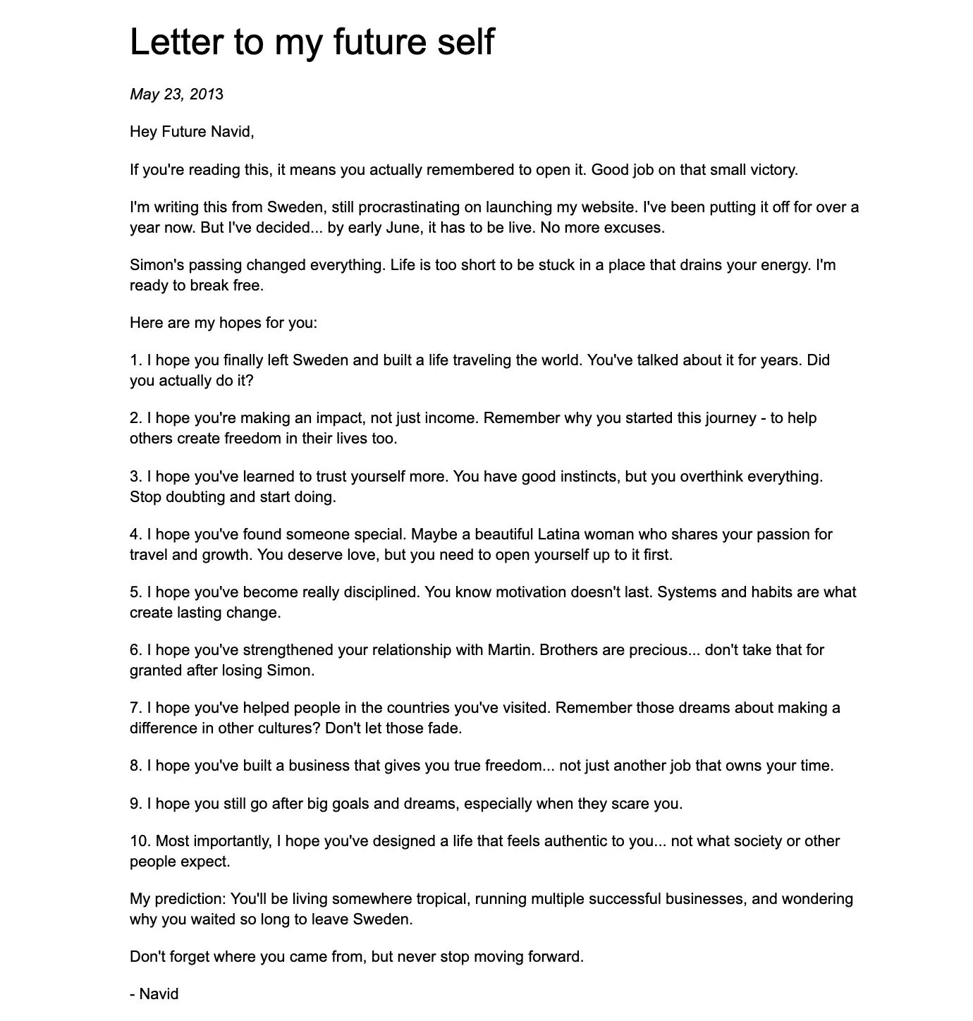 The letter to your future self examples - Navid Moazzez letter to my future self 2013