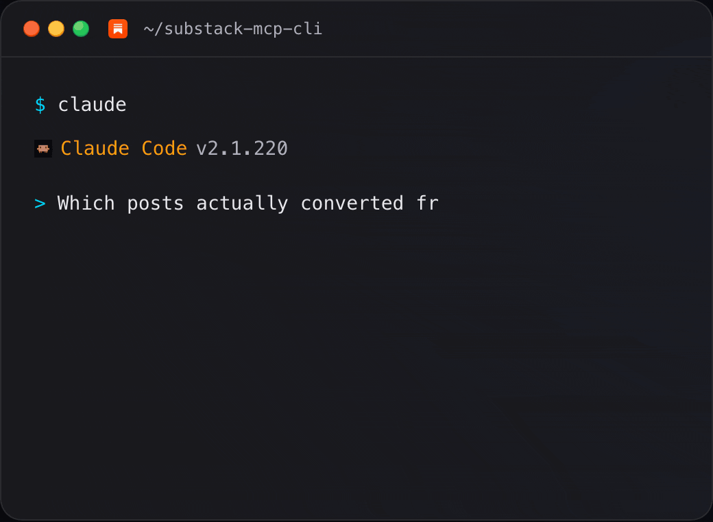 Claude Code using my Substack MCP server