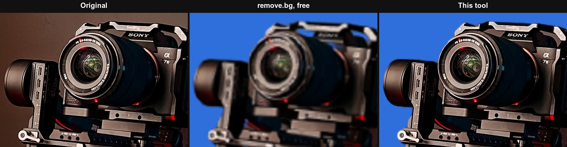 The camera at 100%: the original, remove.bg's free result enlarged, and this tool's cutout