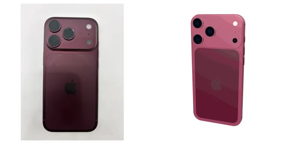 A photo of an iPhone 18 Pro Max in Burgundy beside its 3D model, turning