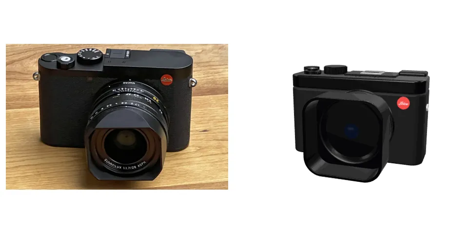 A photo of a Leica Q3 beside its 3D model, turning