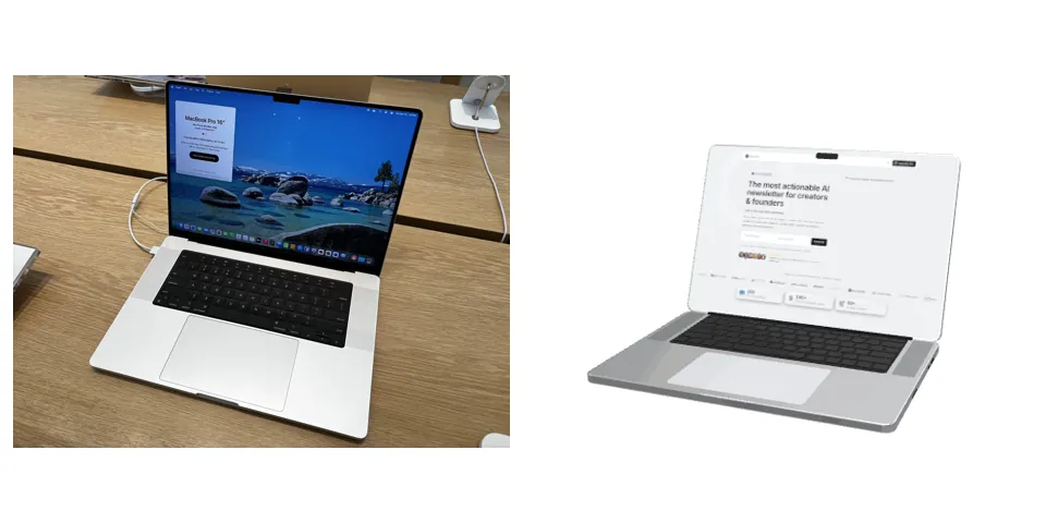 A photo of a MacBook Pro 16-inch beside its 3D model, with the navid.me newsletter page on its screen