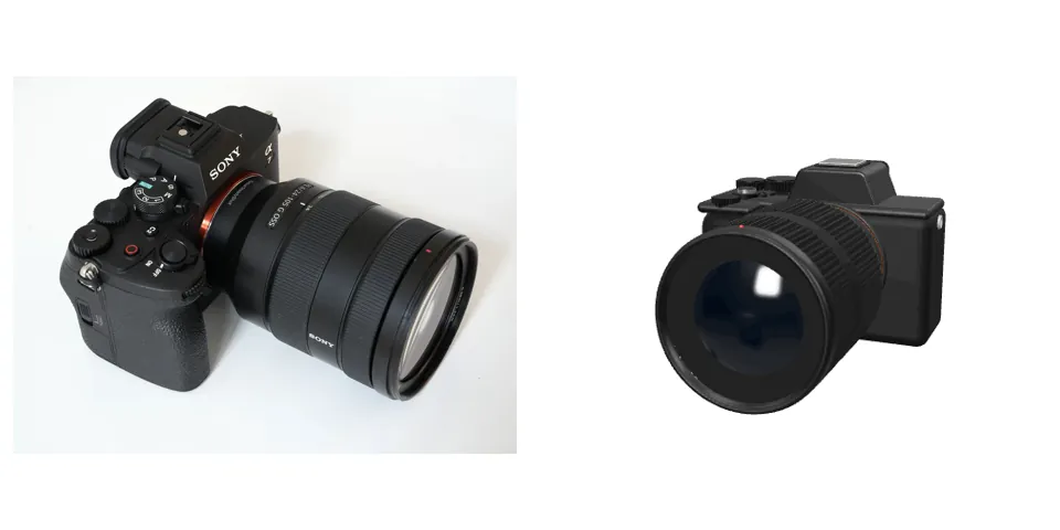 A photo of a Sony A7 IV with its zoom lens beside its 3D model, turning
