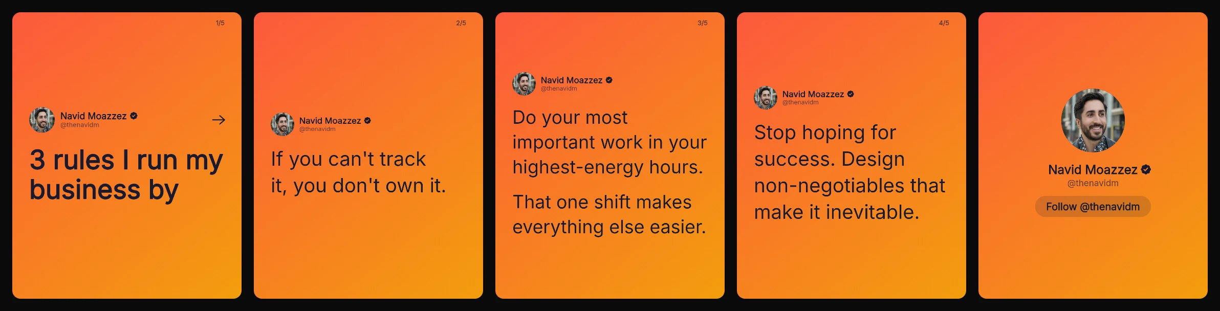 An Instagram carousel of 5 slides on an orange gradient: a cover, 3 rules and a slide to follow Navid Moazzez