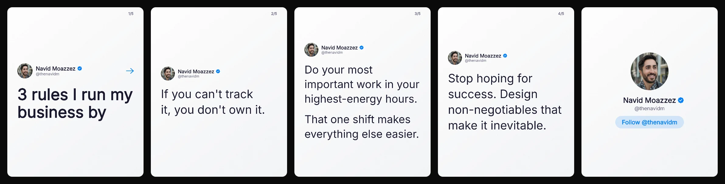 A LinkedIn carousel of 5 slides: a cover, 3 rules and a slide to follow Navid Moazzez