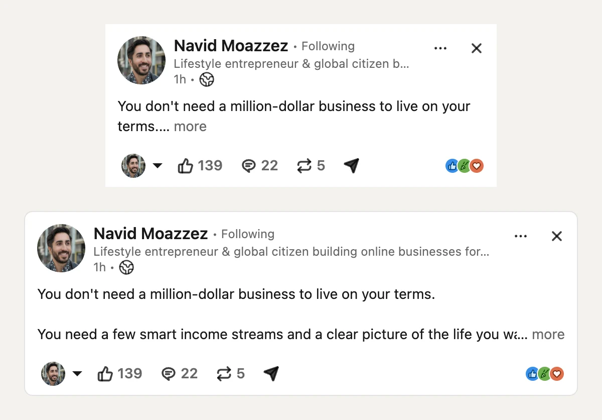 The same LinkedIn post on a phone and a laptop: the phone shows only the hook, the laptop shows the hook, a blank line and half of the next sentence