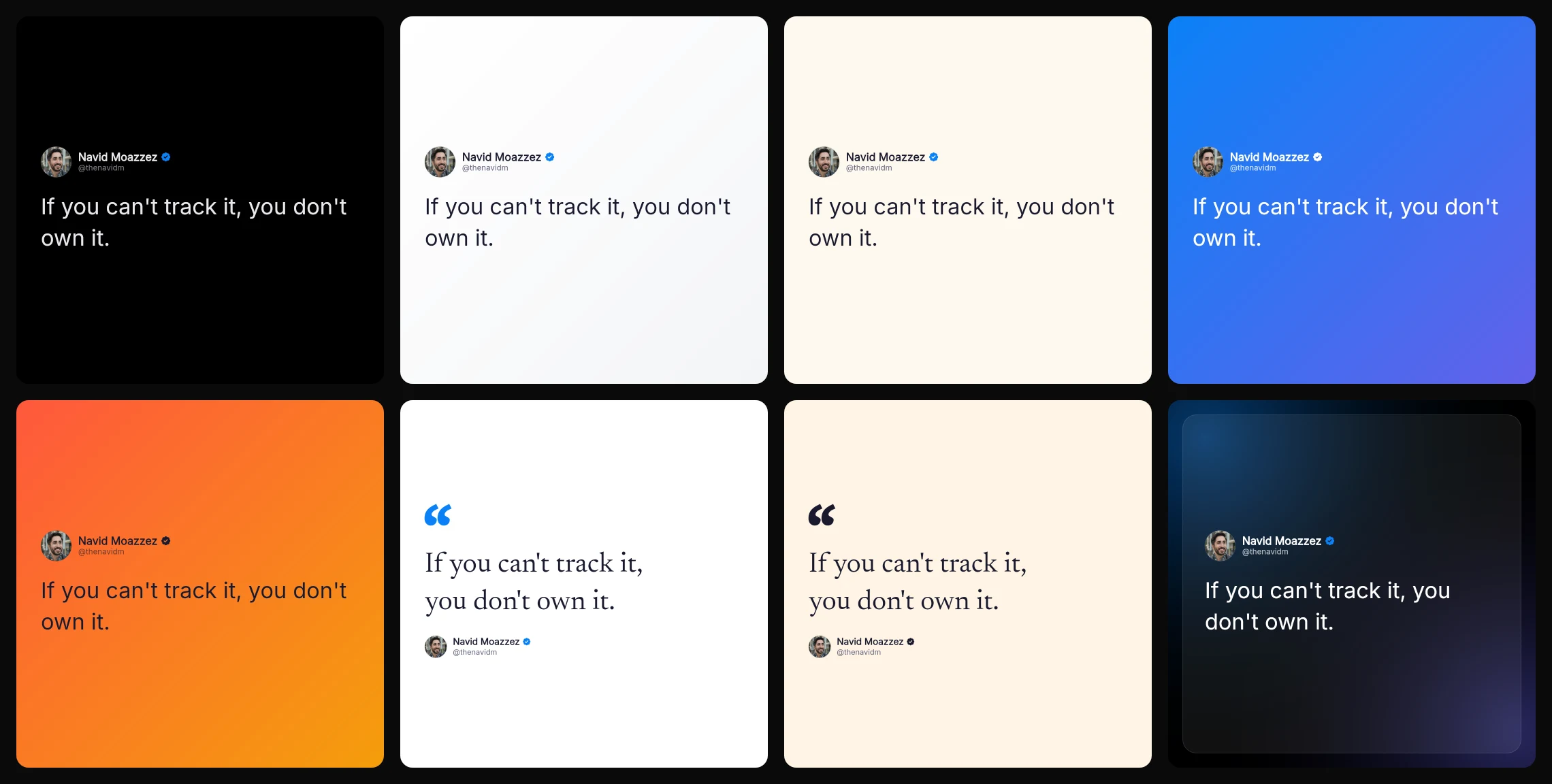 A grid of looks: black, light, cream, blue to indigo, sunset, serif, newspaper and glass