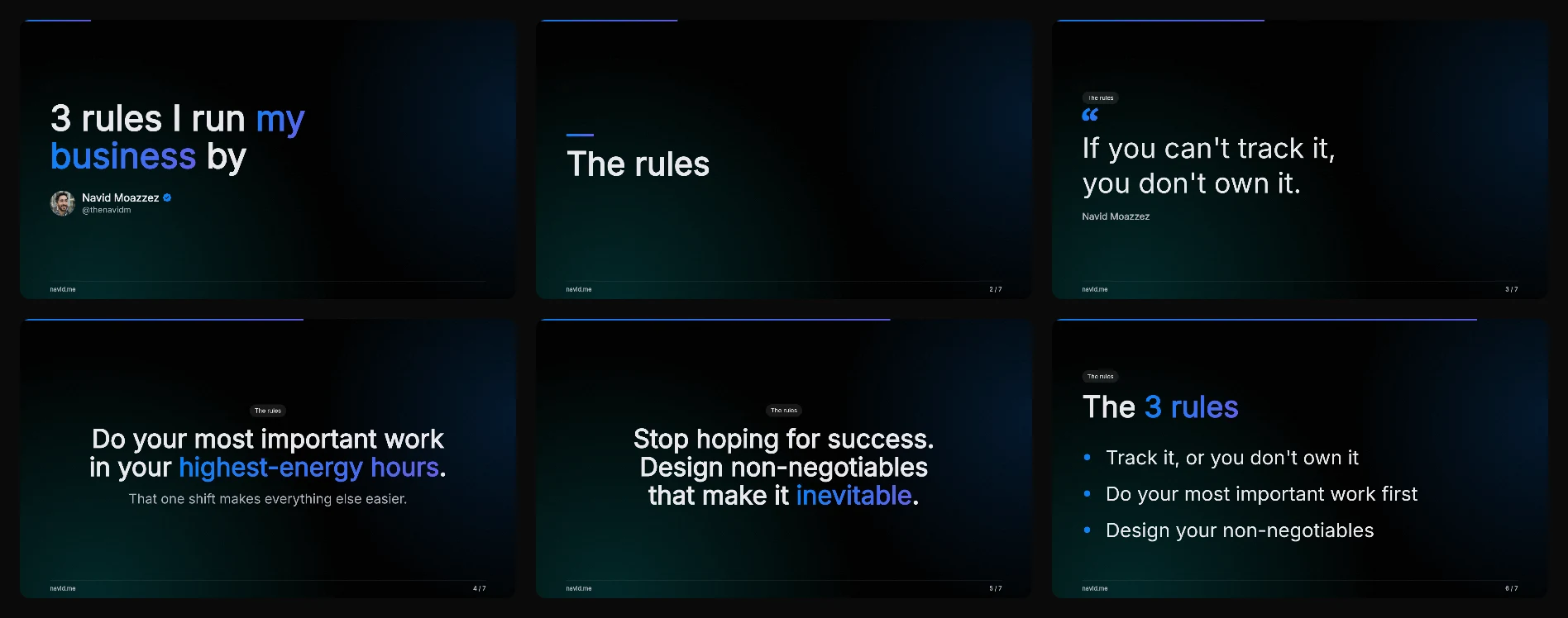 A 6 slide deck in the Stage style: a title, a section break, a quote, 2 statements and 3 rules as bullet points, on black with the key words in a blue gradient