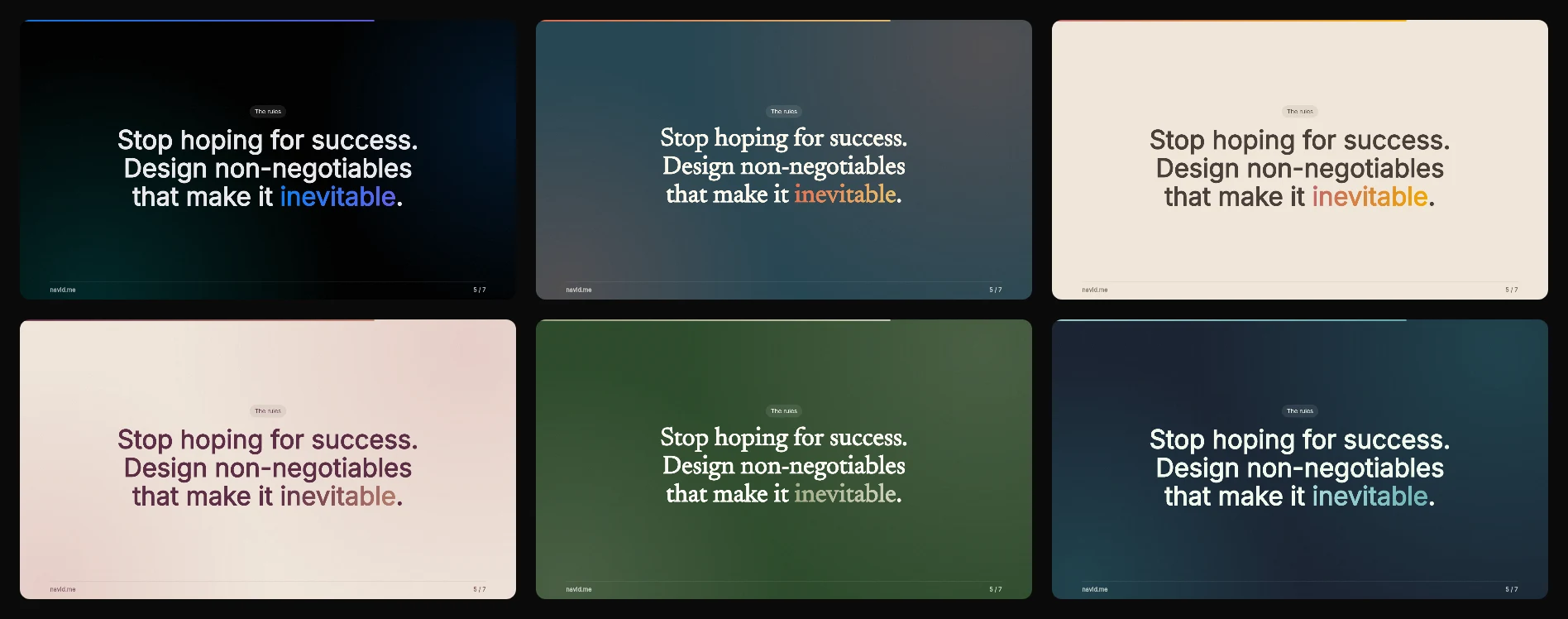 The same statement slide in 6 styles: Stage, Boulevard, Golden hour, Desert rose, Forest and Ocean