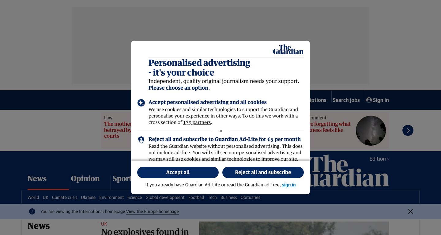 The Guardian's home page from CloudConvert, under its consent popup