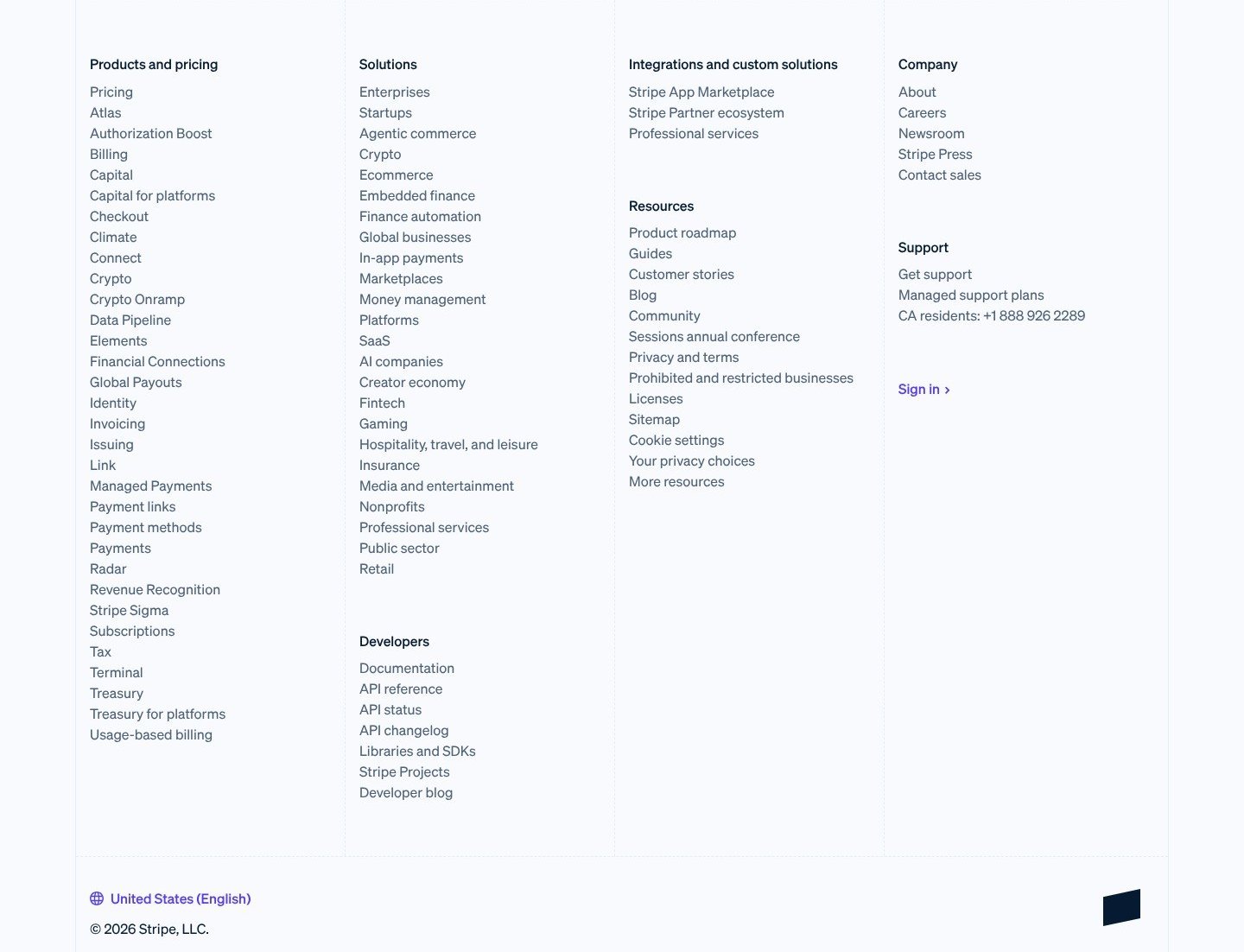 Stripe's footer, picked as a part of the page