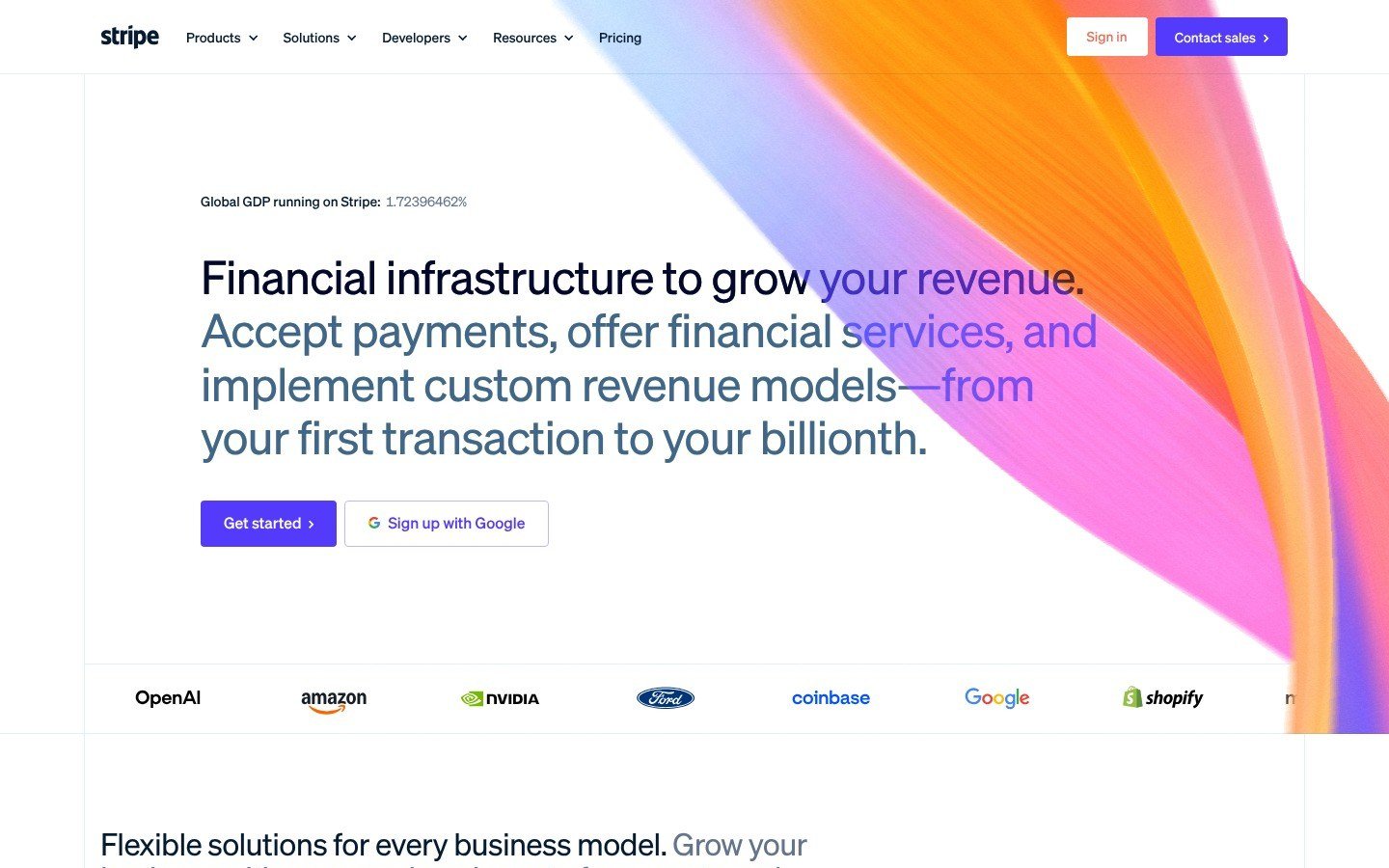 Stripe's home page, the top of the page on desktop