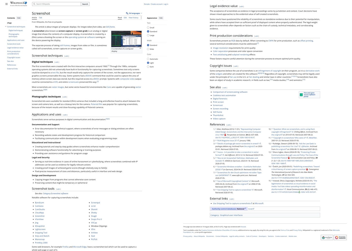 Wikipedia's Screenshot article, the full page, cut into 2 columns so it fits here
