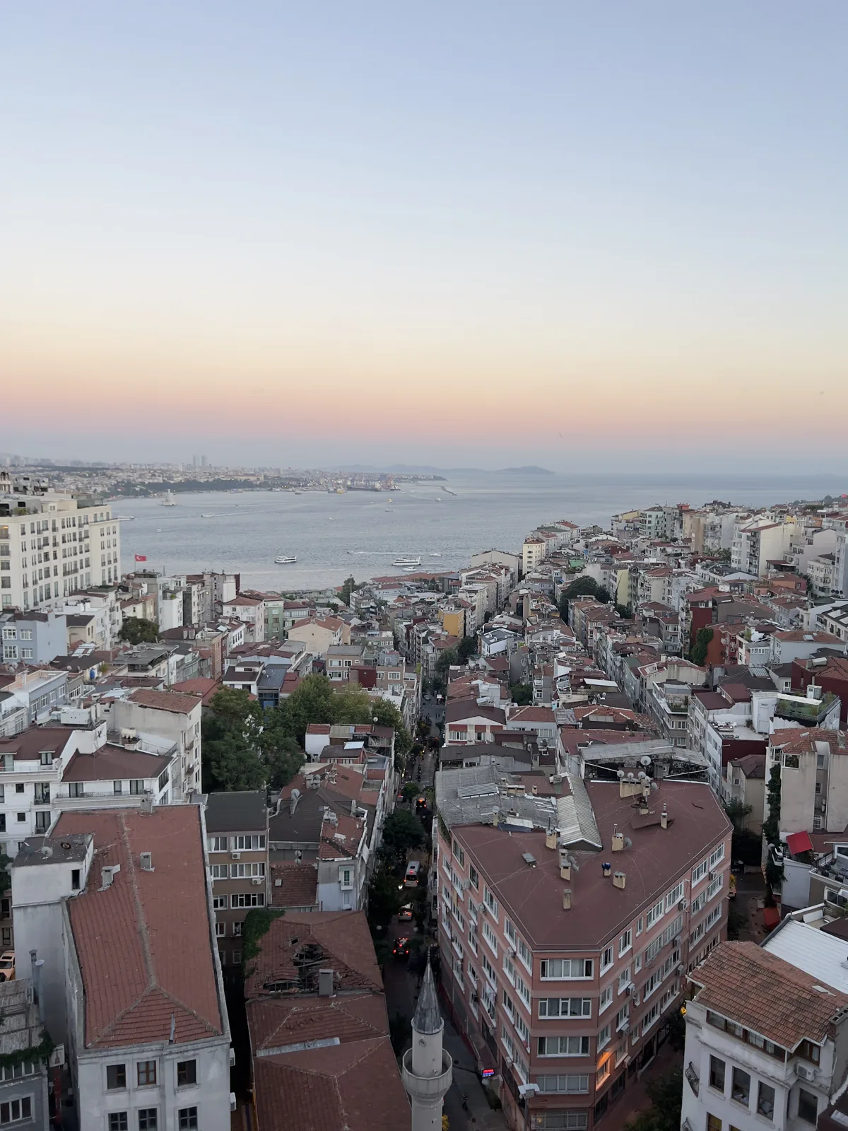 Rooftops and the Bosphorus at dusk in Istanbul, July 28, 2022