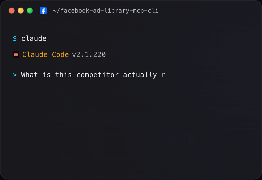 Claude Code using the Facebook Ad Library MCP server