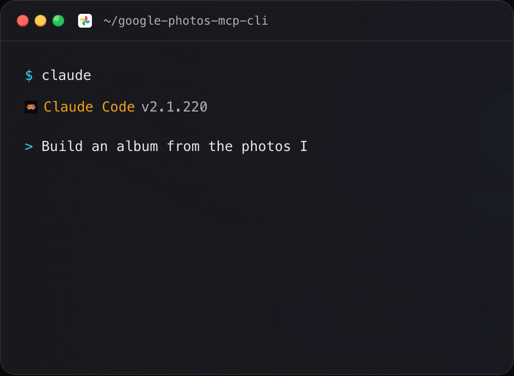 Claude Code using the Google Photos MCP server