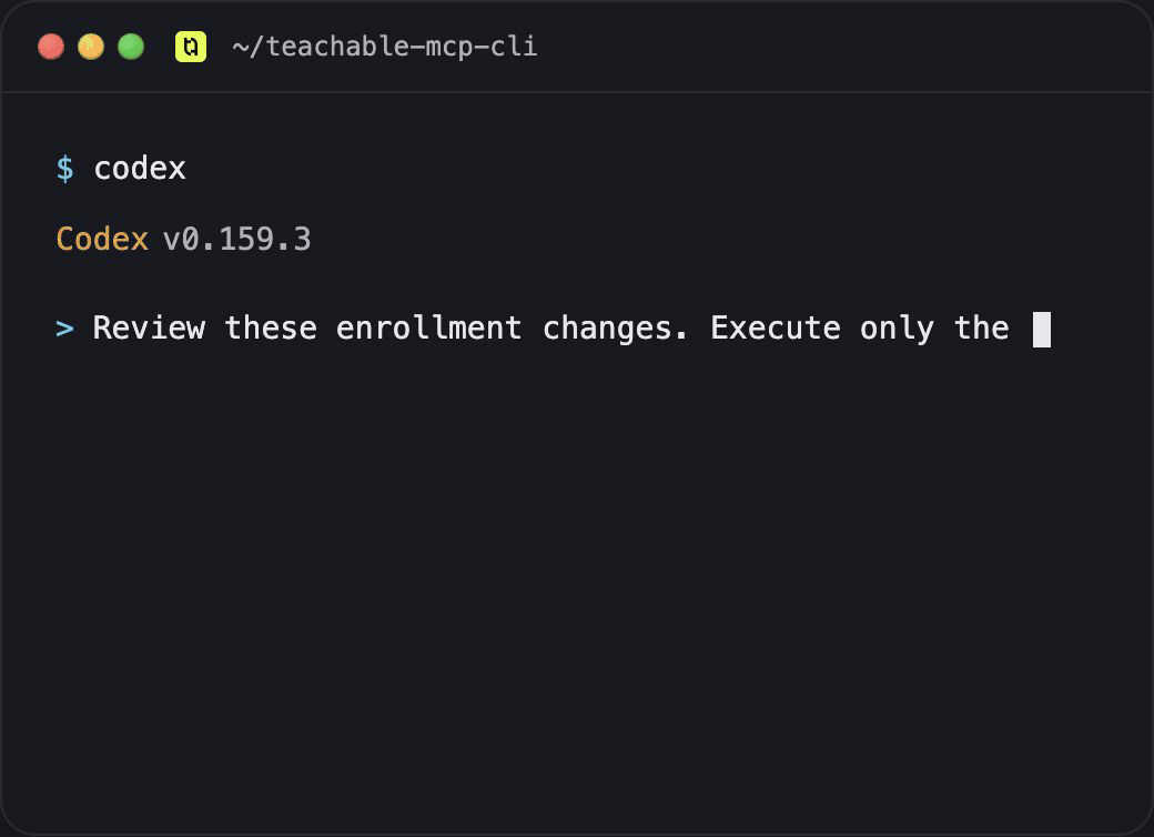 Codex illustrating Teachable course reads and a locally reviewed enrollment batch