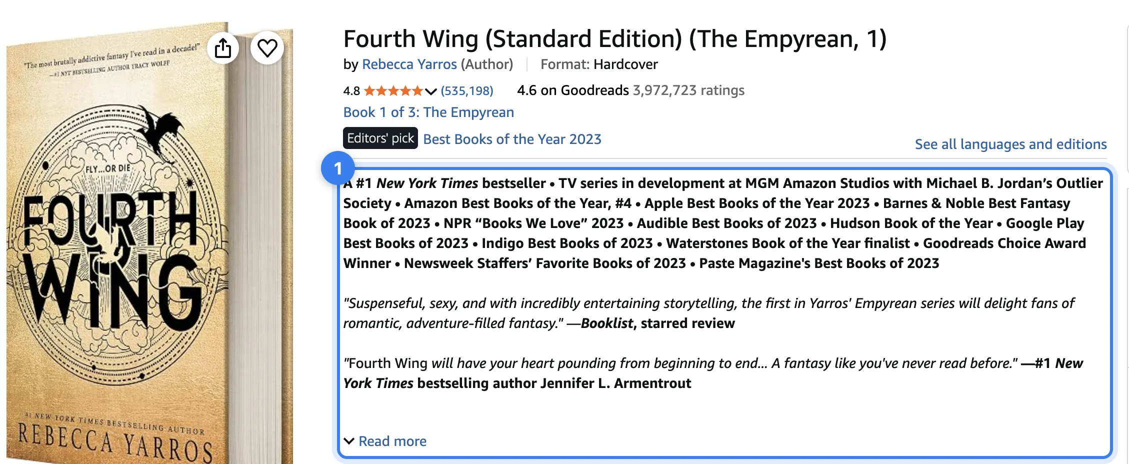 Fourth Wing's Amazon page on a laptop, with its description cut at Read more (1)