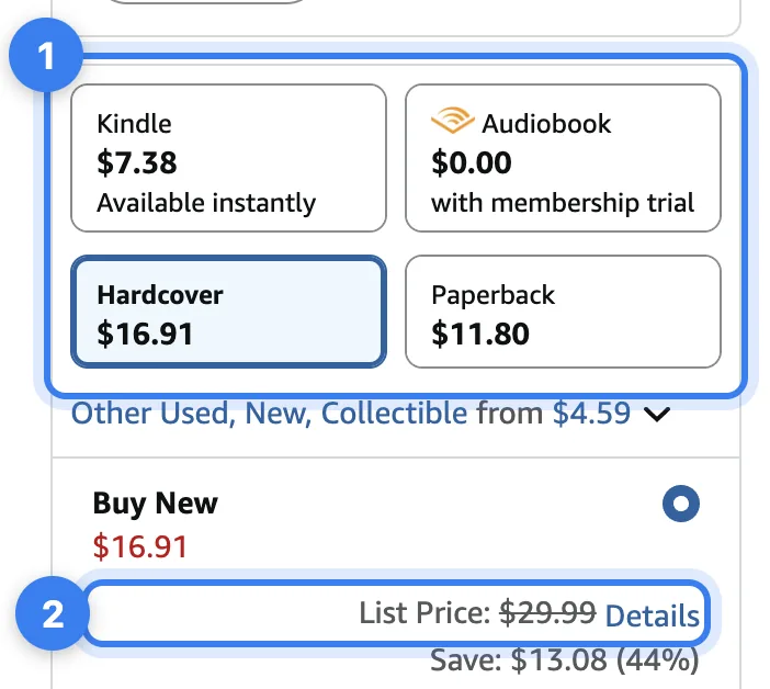 Fourth Wing's formats and prices on Amazon (1), and its list price (2)