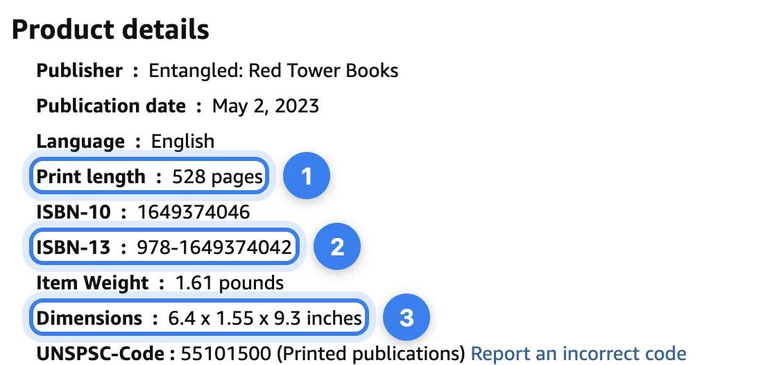 Fourth Wing's product details on Amazon: print length (1), ISBN-13 (2) and dimensions (3)