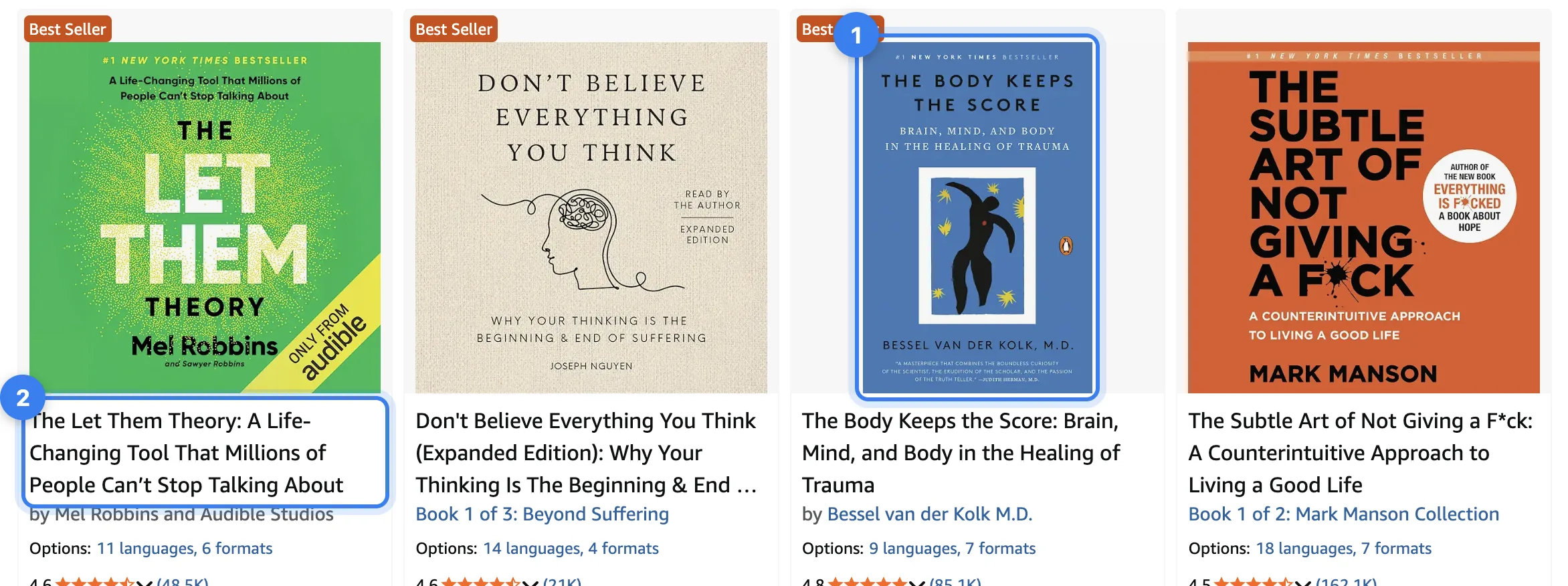 Self-help books in Amazon's search results: a cover at search size (1), and a title and subtitle cut to 3 lines (2)