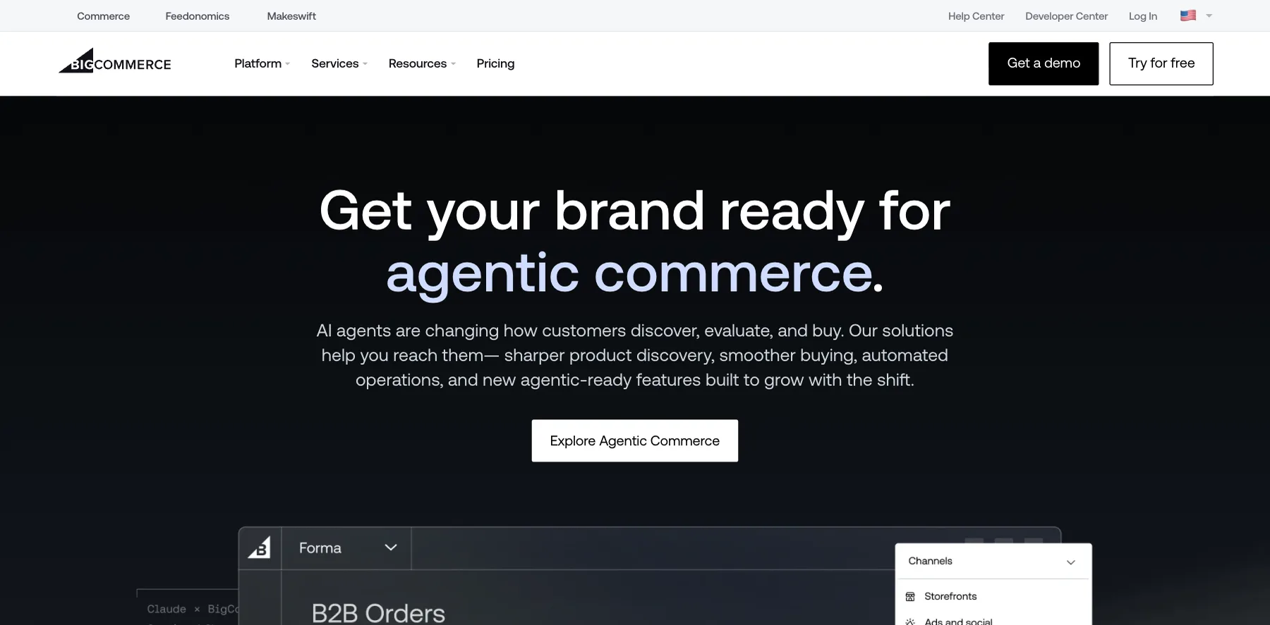 BigCommerce's home page: get your brand ready for agentic commerce
