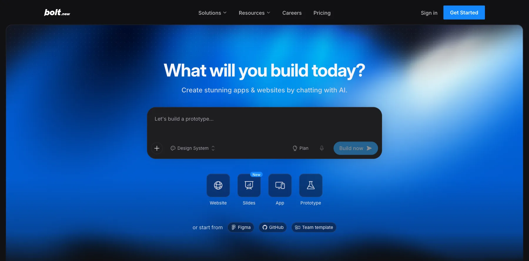 Bolt's home page: what will you build today?