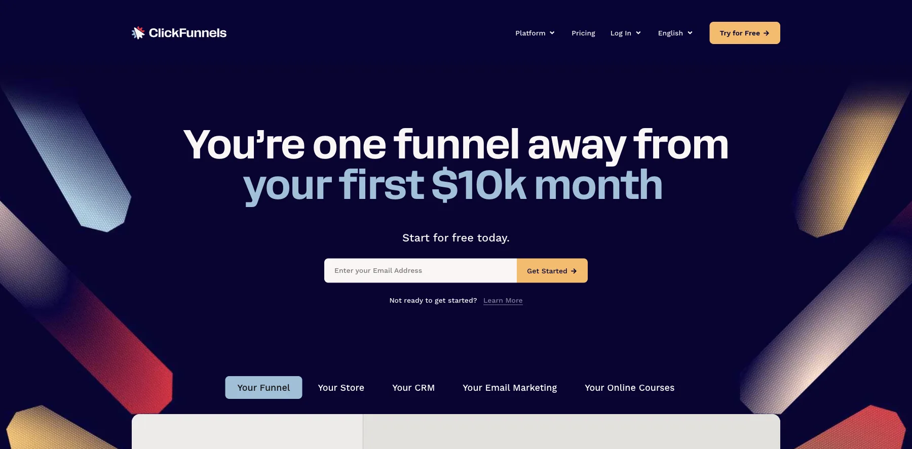 ClickFunnels' home page: you're one funnel away from your first $10k month