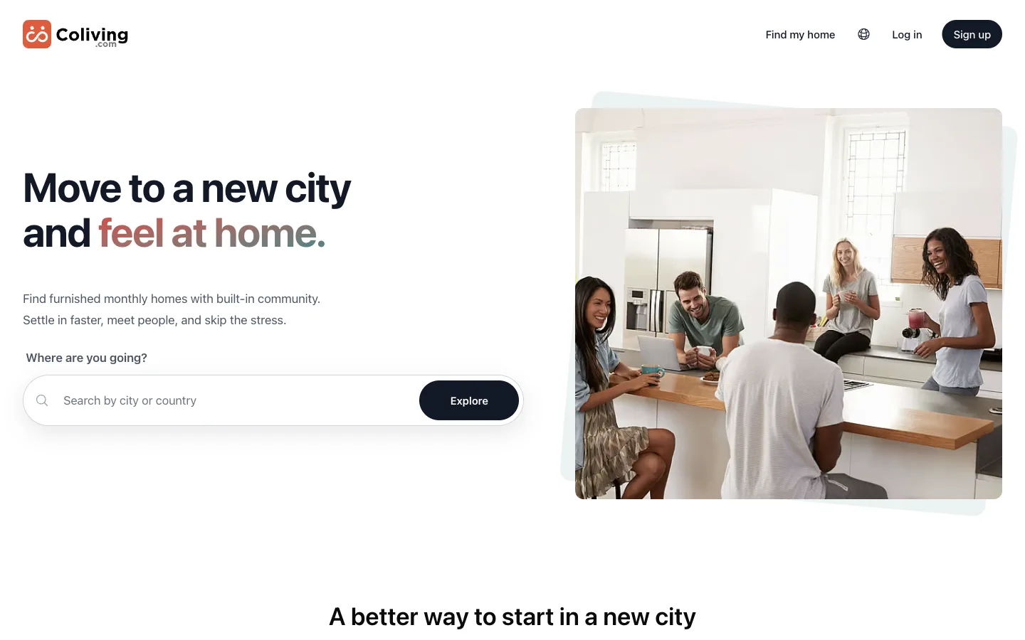 Coliving.com's home page: move to a new city and feel at home