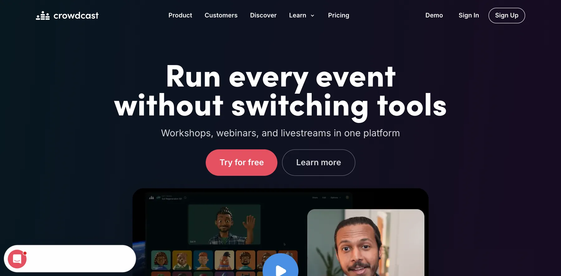 Crowdcast's home page: run every event without switching tools