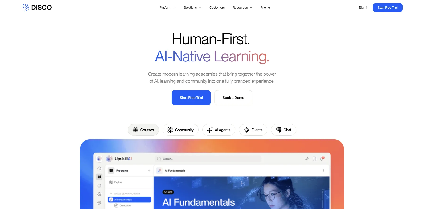 Disco's home page: human-first, AI-native learning