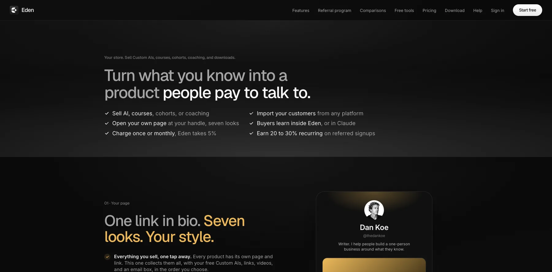 Eden's store page: turn what you know into a product people pay to talk to