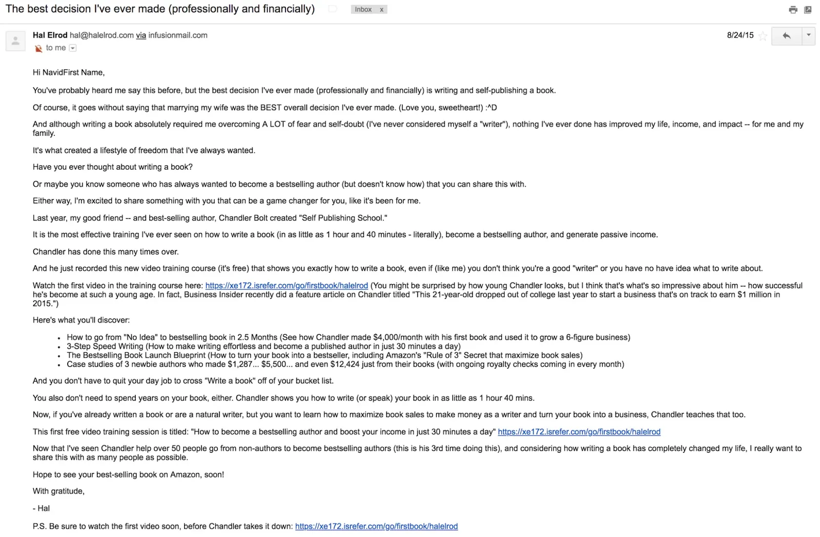 Building relationships with influencers - Hal Elrod email promotion for Self-Publishing Success Summit