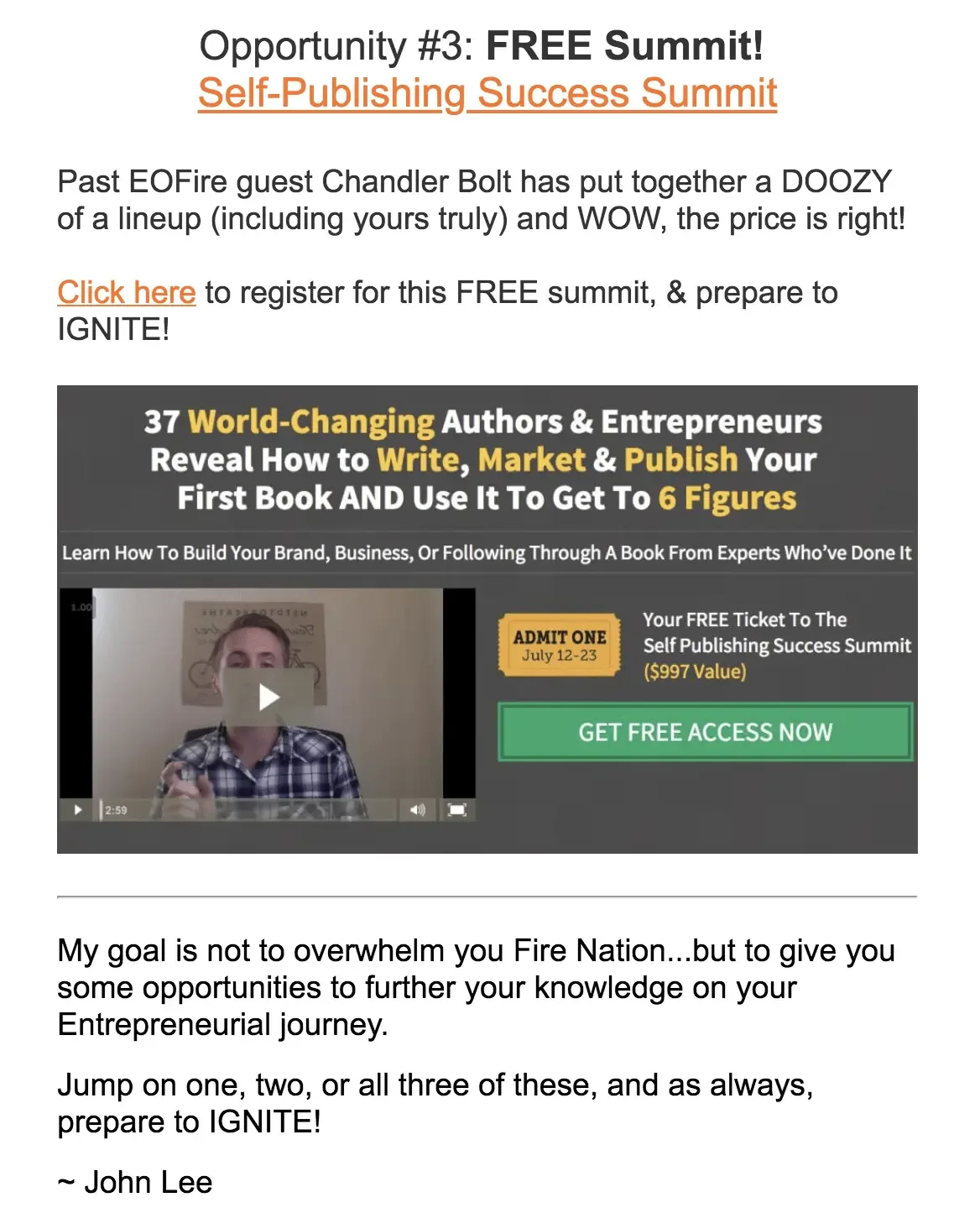 John Lee Dumas's email promoting the Self-Publishing Success Summit
