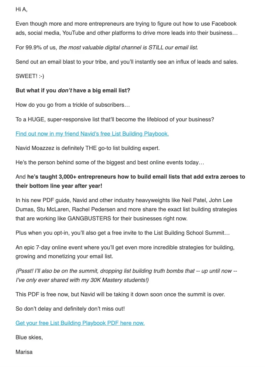 How to build relationships with influencers Marisa Murgatroyd List Building School summit email promo