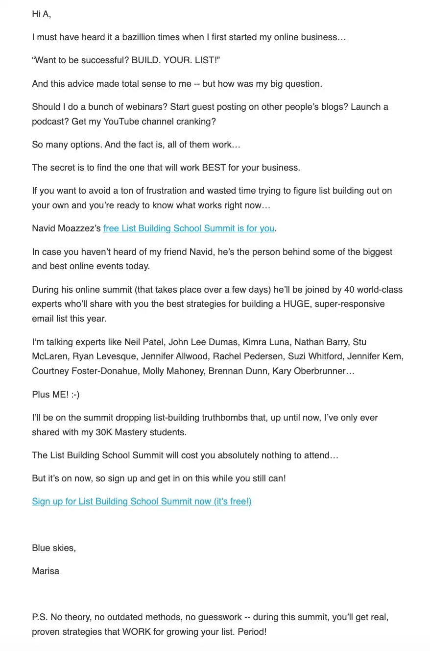 Building relationships with influencers Marisa Murgatroyd List Building School summit email promo
