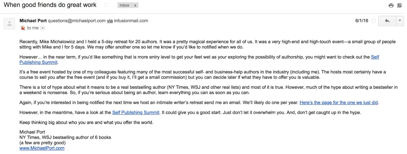 How to build relationships with influencers - Michael Port Self-Publishing Success Summit email promo