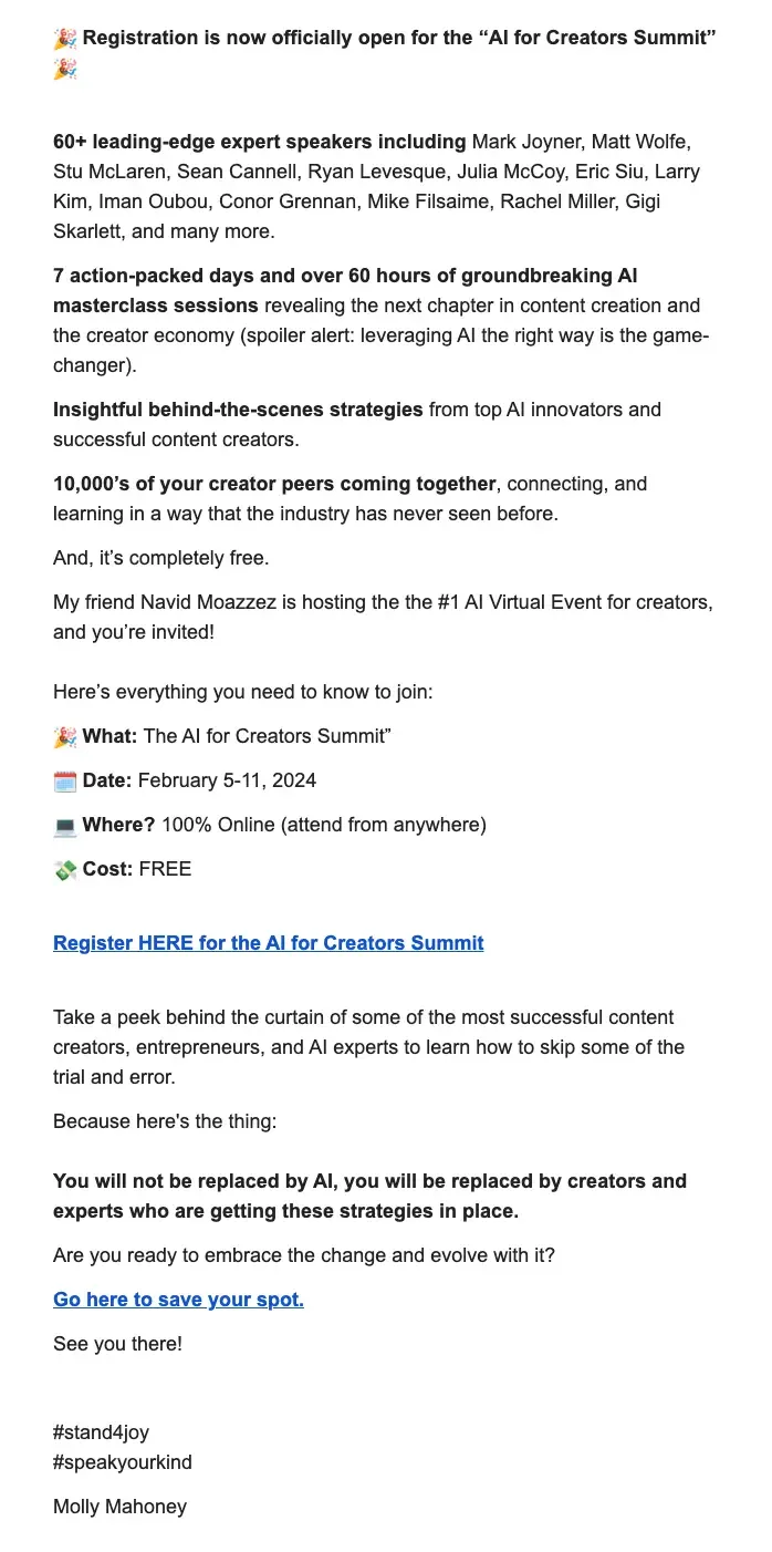 Molly Mahoney's email promoting the AI Creator Summit