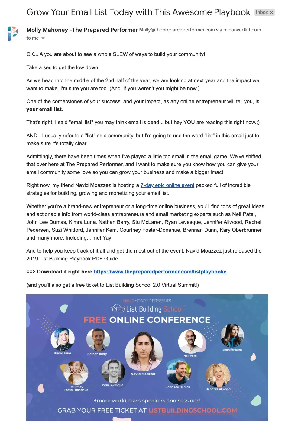 How to build relationships with influencers - Molly Mahoney List Building School playbook summit email promo