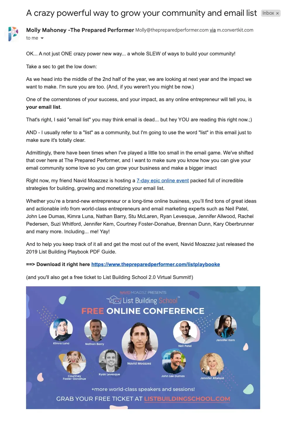 Building relationships with influencers - List Building School Molly Mahoney summit email promo